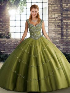 Low Price Olive Green Sleeveless Tulle Lace Up Ball Gown Prom Dress for Military Ball and Sweet 16 and Quinceanera