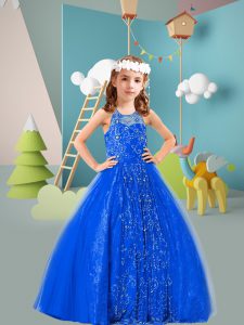 Sleeveless Floor Length Beading Zipper Little Girl Pageant Dress with Blue