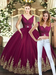 Attractive Burgundy Sleeveless Beading and Appliques Floor Length Quinceanera Gowns