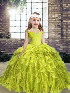 Gorgeous Yellow Green Sleeveless Floor Length Beading and Ruffles Lace Up Little Girls Pageant Dress Wholesale