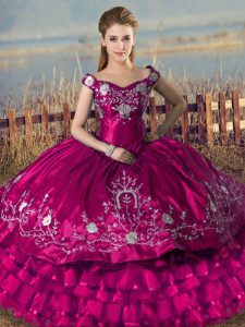 Sleeveless Floor Length Embroidery and Ruffled Layers Lace Up Vestidos de Quinceanera with Fuchsia