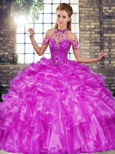Edgy Purple Halter Top Lace Up Beading and Ruffles Quinceanera Gown Sleeveless