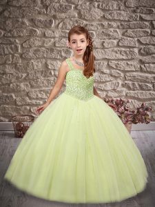 Yellow Green Straps Neckline Beading Little Girls Pageant Gowns Sleeveless Lace Up