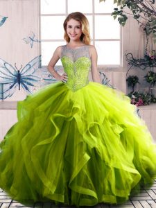 Decent Olive Green Scoop Neckline Beading and Ruffles 15 Quinceanera Dress Sleeveless Lace Up