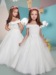 Low Price White Zipper Off The Shoulder Lace and Belt Flower Girl Dress Tulle Sleeveless