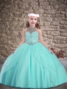 Hot Sale Lace Up Pageant Dress for Girls Aqua Blue for Wedding Party with Beading Sweep Train