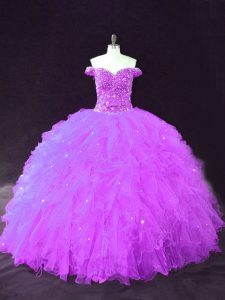 Fashion Purple Off The Shoulder Neckline Beading and Ruffles Quinceanera Gowns Sleeveless Lace Up