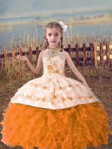 Orange Red Ball Gowns Organza Halter Top Sleeveless Beading and Embroidery and Ruffles Floor Length Lace Up Custom Made 