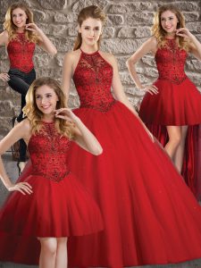 Sleeveless Beading Lace Up Sweet 16 Quinceanera Dress with Wine Red Brush Train