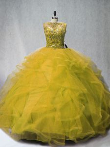 Olive Green Lace Up Bateau Beading and Ruffles Quinceanera Dresses Tulle Sleeveless Court Train