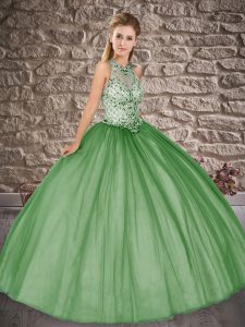 Affordable Olive Green Tulle Lace Up Scoop Sleeveless Floor Length Sweet 16 Dress Beading
