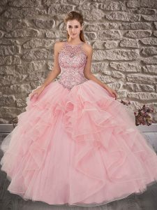 Stunning Baby Pink Sleeveless Tulle Brush Train Lace Up Vestidos de Quinceanera for Military Ball and Sweet 16 and Quinc