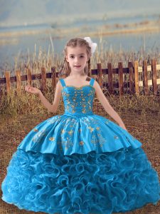 Trendy Baby Blue Lace Up Straps Embroidery Little Girls Pageant Dress Fabric With Rolling Flowers Sleeveless Sweep Train