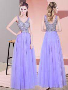 Fantastic Lavender Zipper Prom Dresses Beading Sleeveless Floor Length