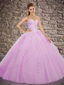 Stunning Lilac Lace Up Sweetheart Appliques 15 Quinceanera Dress Tulle Sleeveless Brush Train