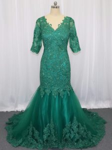 Cheap V-neck Half Sleeves Brush Train Lace Up Green Tulle