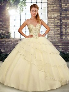 Gorgeous Light Yellow Lace Up Ball Gown Prom Dress Beading and Ruffled Layers Sleeveless Brush Train