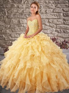 Exquisite Lace Up Quince Ball Gowns Gold for Military Ball and Sweet 16 and Quinceanera with Beading and Ruffles Brush T