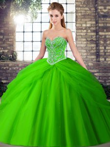 Green Sleeveless Tulle Brush Train Lace Up Quinceanera Dress for Military Ball and Sweet 16 and Quinceanera