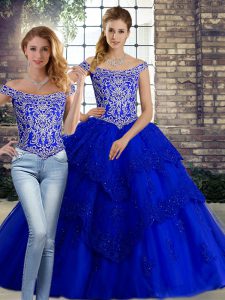 Glamorous Royal Blue Two Pieces Beading and Lace Quince Ball Gowns Lace Up Tulle Sleeveless