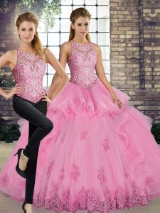 Rose Pink Lace Up Quinceanera Dresses Lace and Embroidery and Ruffles Sleeveless Floor Length