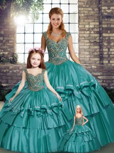 Teal Lace Up Vestidos de Quinceanera Beading and Ruffled Layers Sleeveless Floor Length