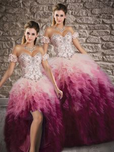 Low Price Multi-color Tulle Lace Up Sweet 16 Quinceanera Dress Sleeveless Brush Train Beading and Ruffles