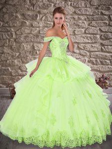 Shining Yellow Green Sleeveless Tulle Lace Up 15th Birthday Dress for Military Ball and Sweet 16 and Quinceanera