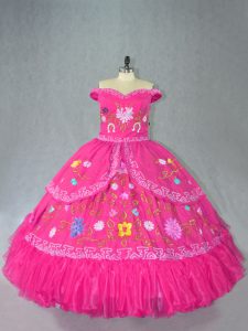 Best Hot Pink 15th Birthday Dress Sweet 16 and Quinceanera with Embroidery Off The Shoulder Sleeveless Lace Up