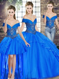 High Quality Royal Blue Off The Shoulder Neckline Beading and Ruffles Quinceanera Dresses Sleeveless Lace Up