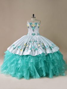 Custom Fit Sleeveless Organza Floor Length Lace Up Sweet 16 Quinceanera Dress in Blue And White with Embroidery and Ruff