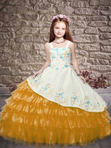 Multi-color Ball Gowns Embroidery and Ruffled Layers Girls Pageant Dresses Lace Up Organza Sleeveless Floor Length