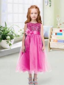Organza Scoop Sleeveless Zipper Sequins and Hand Made Flower Flower Girl Dress in Rose Pink