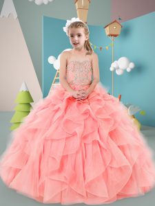 Custom Made Peach Sleeveless Beading and Ruffles Floor Length Little Girl Pageant Gowns