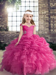 Elegant Floor Length Ball Gowns Sleeveless Hot Pink Little Girls Pageant Gowns Lace Up