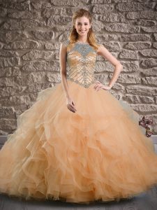 Admirable Tulle Scoop Sleeveless Brush Train Lace Up Beading and Ruffles 15th Birthday Dress in Peach