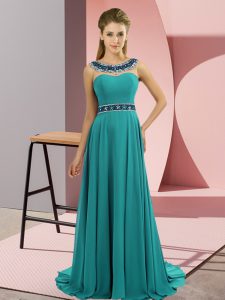 Noble Teal Sleeveless Chiffon Brush Train Zipper Prom Evening Gown for Prom and Party