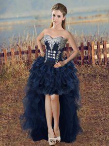 Organza Sweetheart Sleeveless Lace Up Beading and Ruffled Layers Prom Dress in Navy Blue
