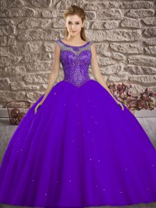 Purple Quince Ball Gowns Military Ball and Sweet 16 and Quinceanera with Beading Scoop Sleeveless Lace Up