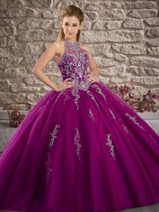 Colorful Sleeveless Brush Train Lace Up Beading and Appliques Quinceanera Gowns