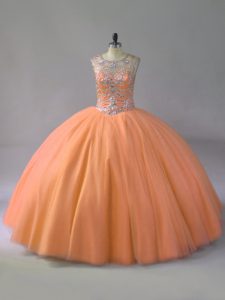Super Orange Ball Gowns Scoop Sleeveless Tulle Floor Length Lace Up Beading Sweet 16 Dress