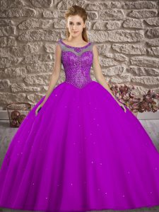 Stunning Purple Scoop Lace Up Beading Sweet 16 Dresses Sleeveless