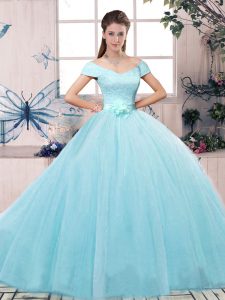 Noble Aqua Blue Short Sleeves Floor Length Lace and Hand Made Flower Lace Up 15 Quinceanera Dress