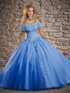 Baby Blue Ball Gowns Lace and Appliques Sweet 16 Quinceanera Dress Lace Up Tulle Short Sleeves