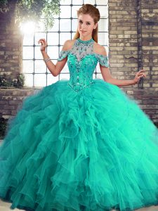 Floor Length Turquoise Quinceanera Gown Tulle Sleeveless Beading and Ruffles