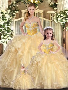 Glittering Sweetheart Sleeveless Lace Up Quinceanera Dresses Champagne Organza