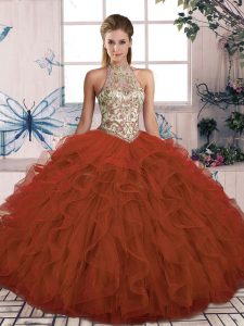 Low Price Halter Top Sleeveless Lace Up Sweet 16 Quinceanera Dress Rust Red Tulle