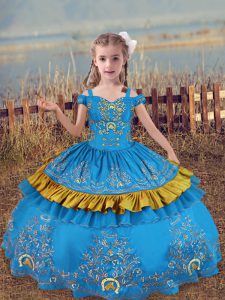 Floor Length Baby Blue Pageant Gowns For Girls Satin Sleeveless Beading and Embroidery