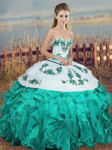 Turquoise Sweetheart Neckline Embroidery and Ruffles and Bowknot Ball Gown Prom Dress Sleeveless Lace Up