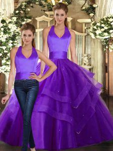 Purple Strapless Lace Up Ruffled Layers Sweet 16 Quinceanera Dress Sleeveless